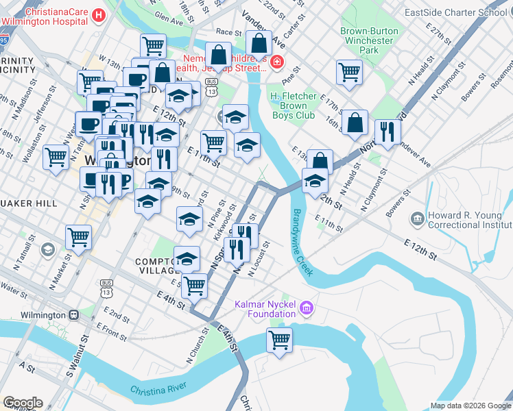 map of restaurants, bars, coffee shops, grocery stores, and more near 711 East 10th Street in Wilmington