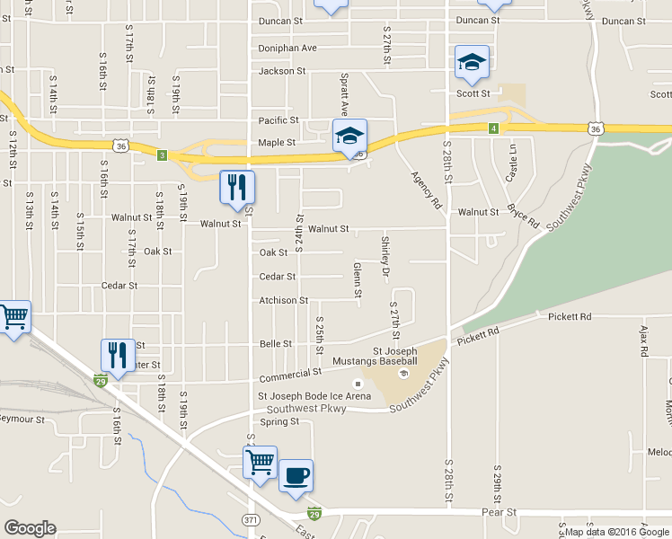 map of restaurants, bars, coffee shops, grocery stores, and more near 2525 Cedar Street in Saint Joseph