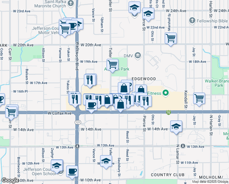map of restaurants, bars, coffee shops, grocery stores, and more near 1612 Teller Street in Lakewood