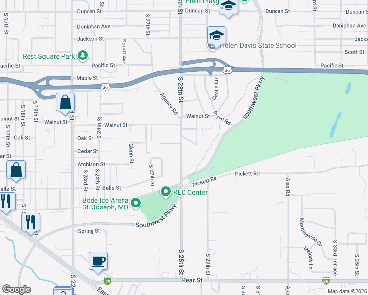 map of restaurants, bars, coffee shops, grocery stores, and more near 2605 South 28th Street in Saint Joseph