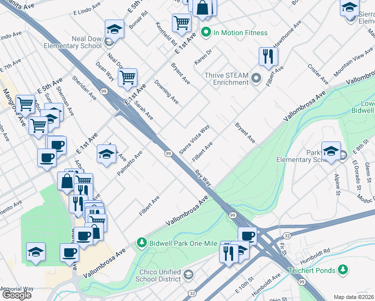 map of restaurants, bars, coffee shops, grocery stores, and more near 1083 Sierra Vista Way in Chico