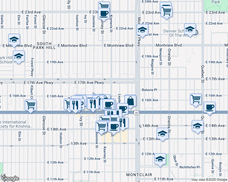 map of restaurants, bars, coffee shops, grocery stores, and more near 1624 Krameria Street in Denver