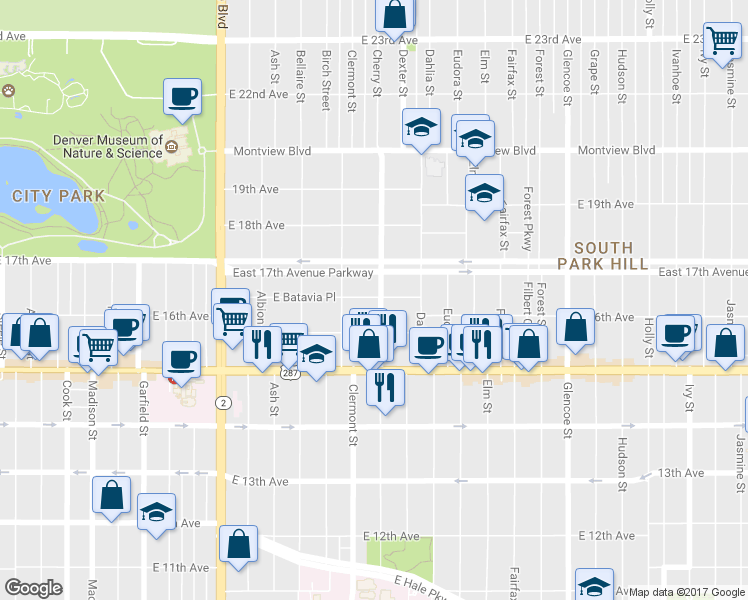 map of restaurants, bars, coffee shops, grocery stores, and more near 1649 Cherry Street in Denver