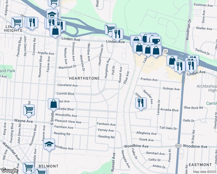 map of restaurants, bars, coffee shops, grocery stores, and more near 4419 Corinth Boulevard in Dayton