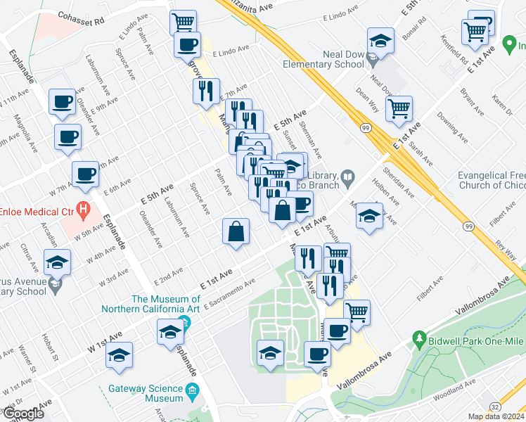 map of restaurants, bars, coffee shops, grocery stores, and more near 1223 Mangrove Avenue in Chico