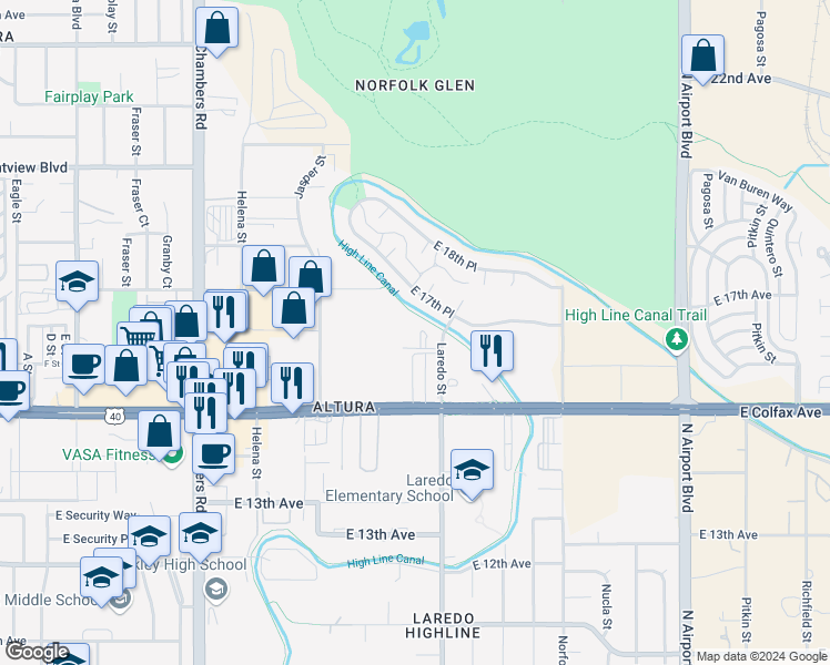 map of restaurants, bars, coffee shops, grocery stores, and more near 16015 East 16th Avenue in Aurora