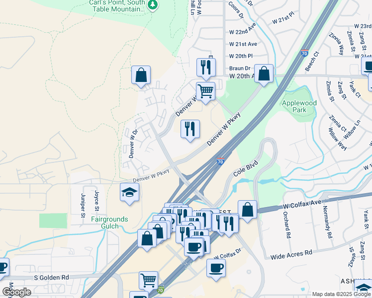 map of restaurants, bars, coffee shops, grocery stores, and more near 14143 Denver West Parkway in Lakewood