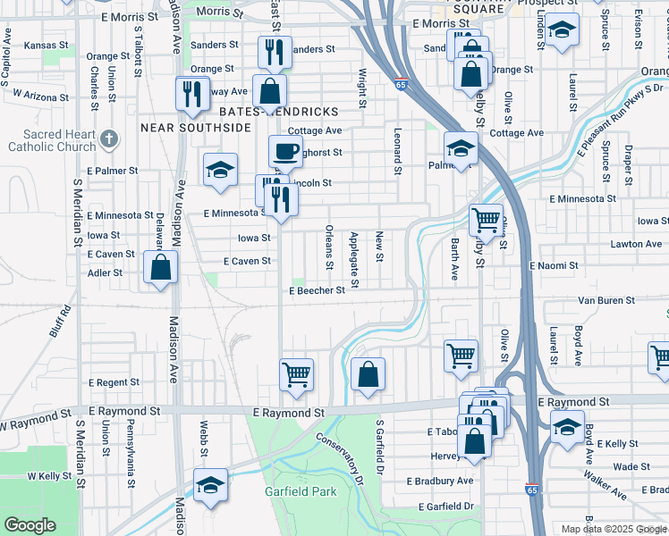 map of restaurants, bars, coffee shops, grocery stores, and more near 1849 Orleans Street in Indianapolis