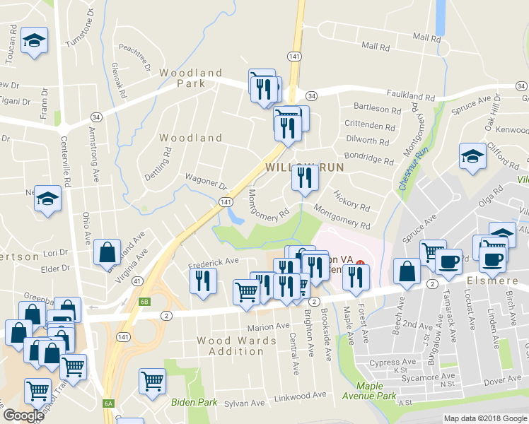 map of restaurants, bars, coffee shops, grocery stores, and more near 1713 Montgomery Road in Wilmington