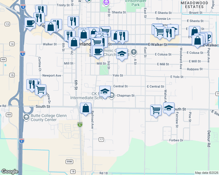map of restaurants, bars, coffee shops, grocery stores, and more near 309 Central Street in Orland