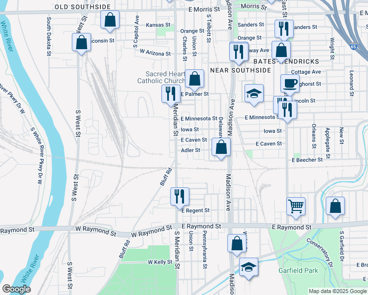 map of restaurants, bars, coffee shops, grocery stores, and more near 18 Adler Street in Indianapolis