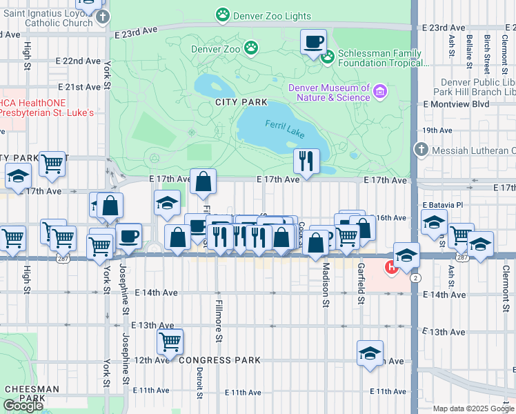 map of restaurants, bars, coffee shops, grocery stores, and more near 1623 Steele St in Denver