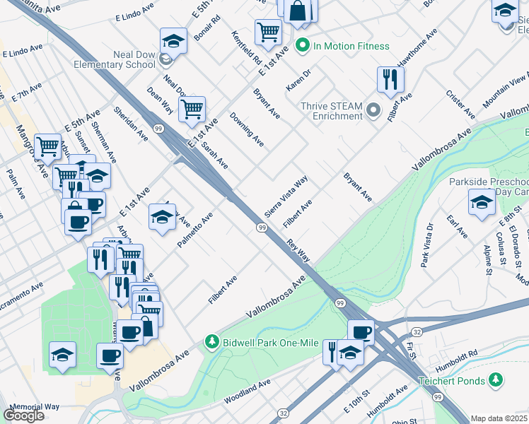 map of restaurants, bars, coffee shops, grocery stores, and more near 1074 Sierra Vista Way in Chico