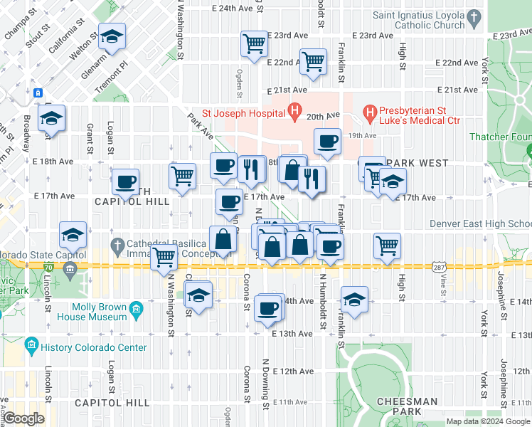 map of restaurants, bars, coffee shops, grocery stores, and more near 1640 North Downing Street in Denver