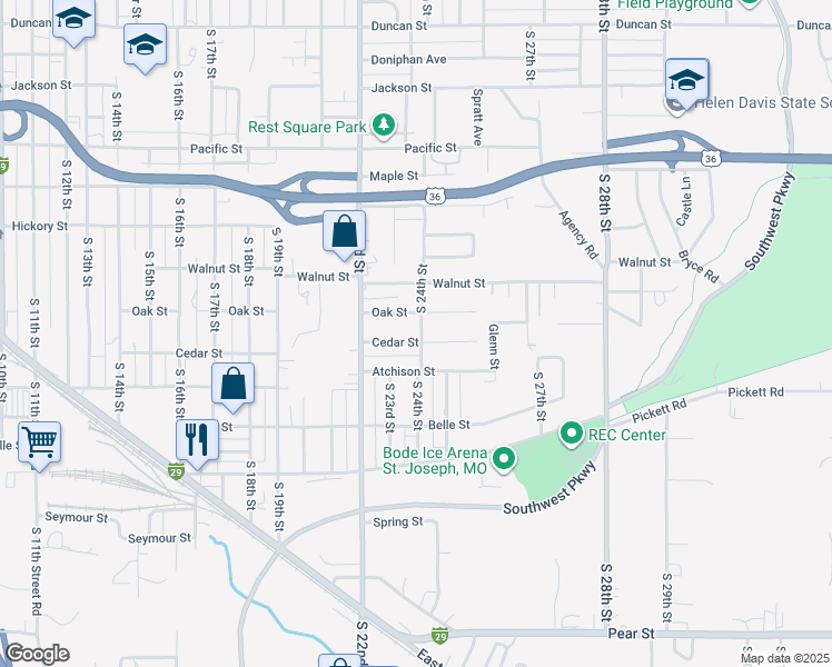 map of restaurants, bars, coffee shops, grocery stores, and more near 2403 Cedar Street in Saint Joseph