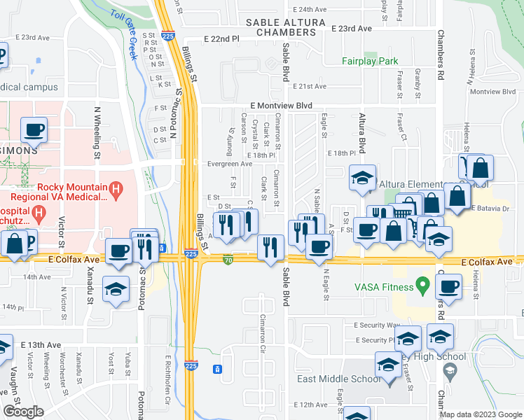 map of restaurants, bars, coffee shops, grocery stores, and more near 1601 Clark Street in Aurora