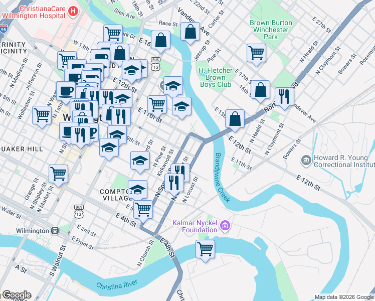 map of restaurants, bars, coffee shops, grocery stores, and more near 711 East 10th Street in Wilmington