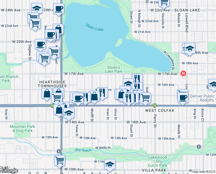map of restaurants, bars, coffee shops, grocery stores, and more near 1603 Vrain Street in Denver