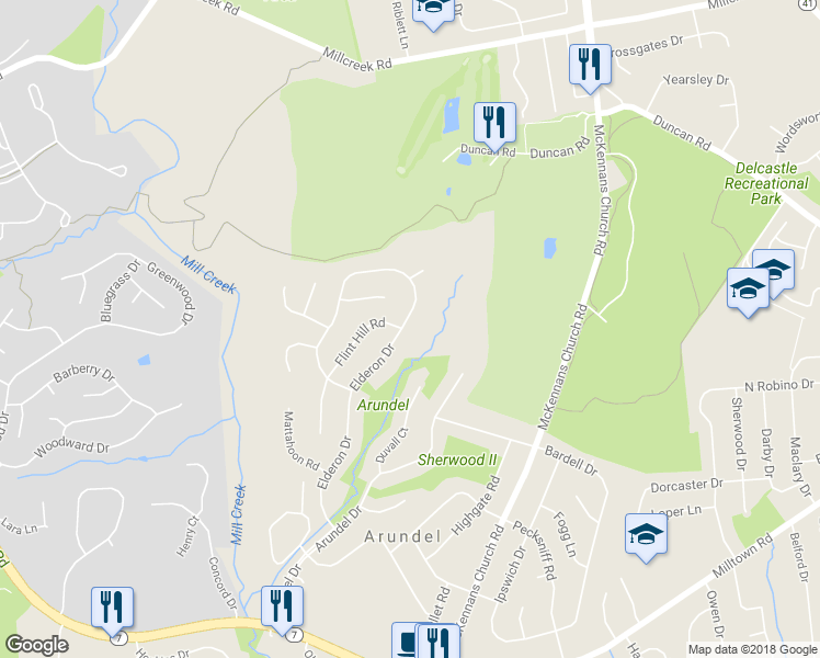 map of restaurants, bars, coffee shops, grocery stores, and more near 1160 Elderon Drive in Wilmington