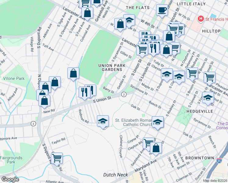map of restaurants, bars, coffee shops, grocery stores, and more near 641 Geddes Street in Wilmington