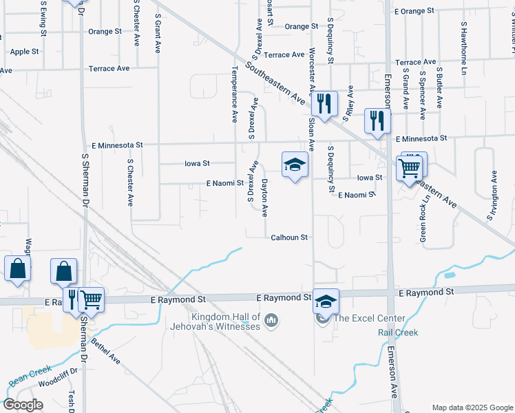 map of restaurants, bars, coffee shops, grocery stores, and more near 1911 South Drexel Avenue in Indianapolis