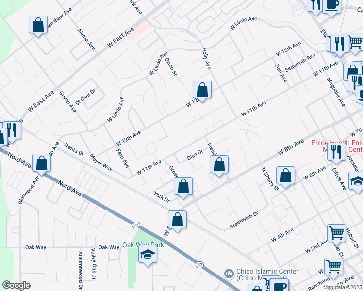 map of restaurants, bars, coffee shops, grocery stores, and more near 1000 West 11th Avenue in Chico