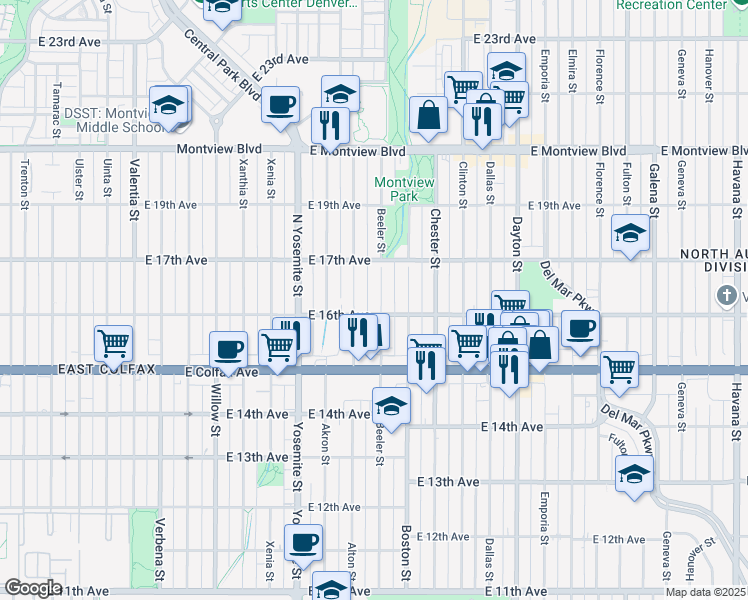 map of restaurants, bars, coffee shops, grocery stores, and more near 1625 Beeler Street in Aurora