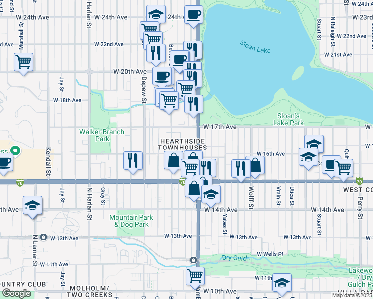 map of restaurants, bars, coffee shops, grocery stores, and more near 1605 Sheridan Boulevard in Lakewood