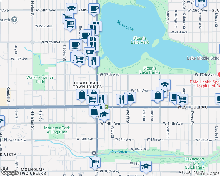 map of restaurants, bars, coffee shops, grocery stores, and more near 1625 Yates Street in Denver