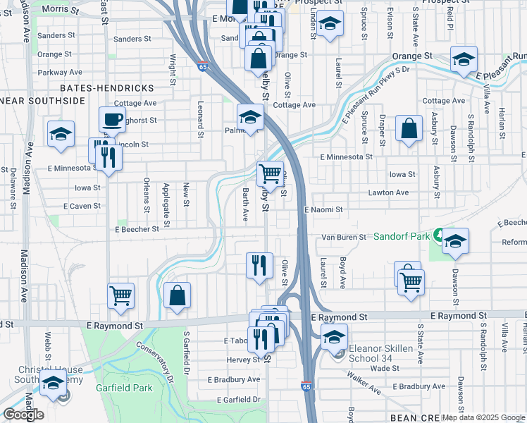 map of restaurants, bars, coffee shops, grocery stores, and more near 1856 Shelby Street in Indianapolis