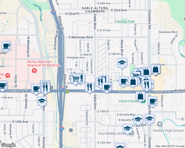 map of restaurants, bars, coffee shops, grocery stores, and more near 1618 Cimarron Street in Aurora