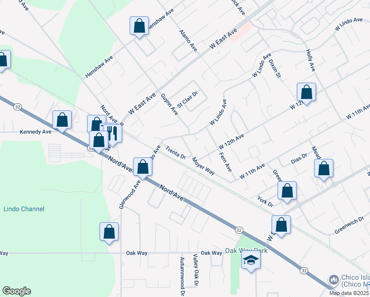 map of restaurants, bars, coffee shops, grocery stores, and more near 2357 Moyer Way in Chico