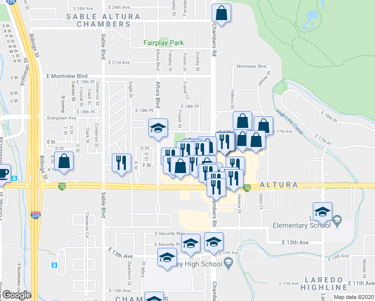map of restaurants, bars, coffee shops, grocery stores, and more near 1611 Fraser Court in Aurora