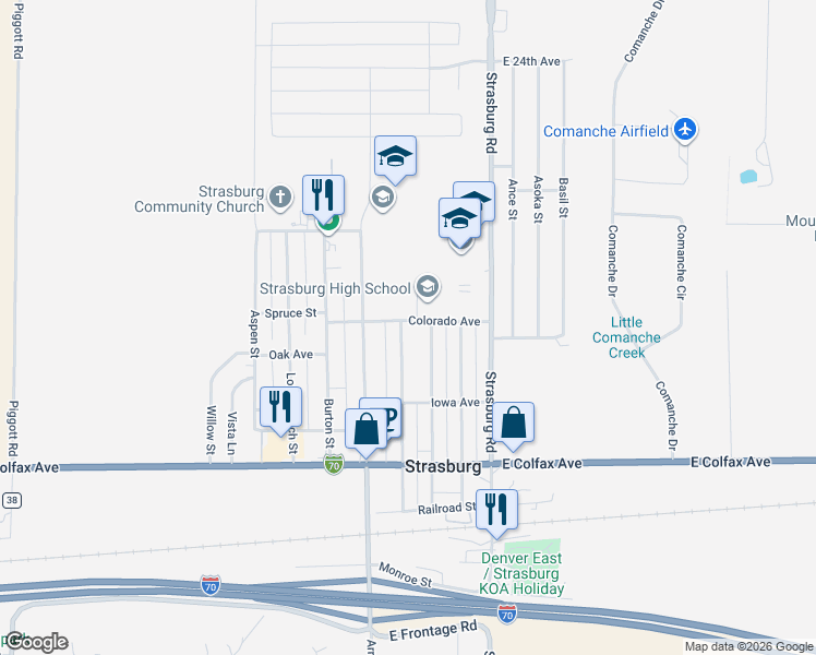 map of restaurants, bars, coffee shops, grocery stores, and more near 1774 Arapahoe Street in Strasburg