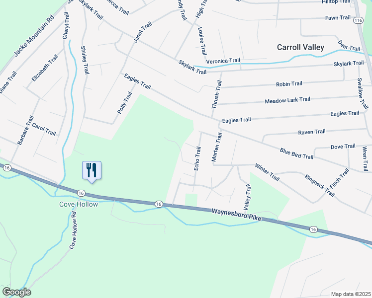 map of restaurants, bars, coffee shops, grocery stores, and more near 3 Possum Trail in Fairfield