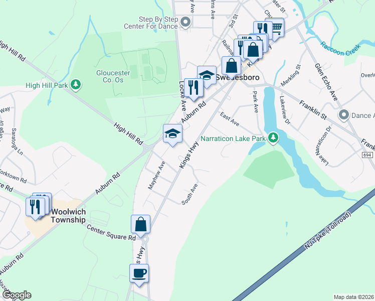 map of restaurants, bars, coffee shops, grocery stores, and more near 1805 Kings Highway in Swedesboro