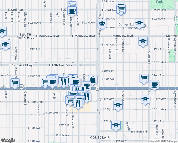 map of restaurants, bars, coffee shops, grocery stores, and more near 1629 Locust St in Denver