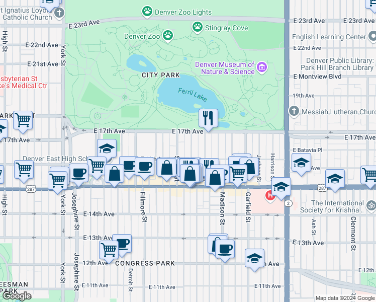 map of restaurants, bars, coffee shops, grocery stores, and more near 1623 Adams Street in Denver