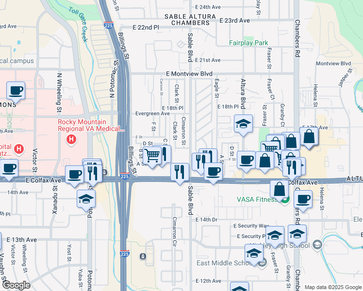 map of restaurants, bars, coffee shops, grocery stores, and more near 1618 Cimarron Street in Aurora