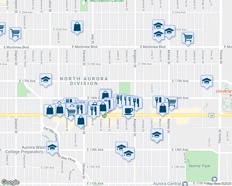 map of restaurants, bars, coffee shops, grocery stores, and more near 1624 Jamaica Street in Aurora