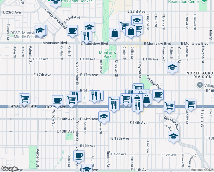 map of restaurants, bars, coffee shops, grocery stores, and more near 1639 Boston Street in Aurora