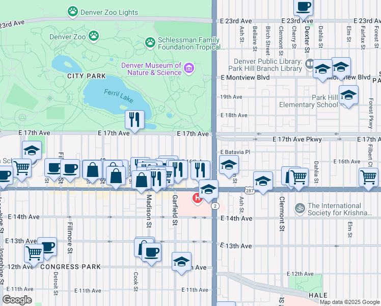 map of restaurants, bars, coffee shops, grocery stores, and more near 1630 Jackson Street in Denver