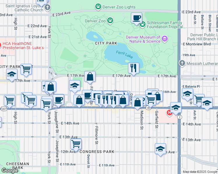 map of restaurants, bars, coffee shops, grocery stores, and more near 1623 Steele Street in Denver