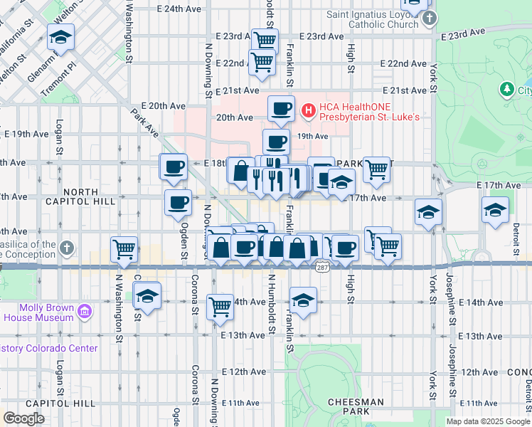 map of restaurants, bars, coffee shops, grocery stores, and more near in Denver