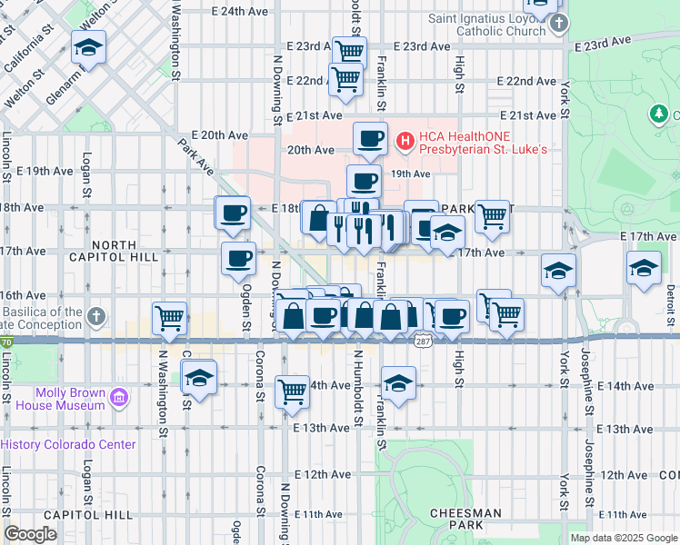map of restaurants, bars, coffee shops, grocery stores, and more near in Denver