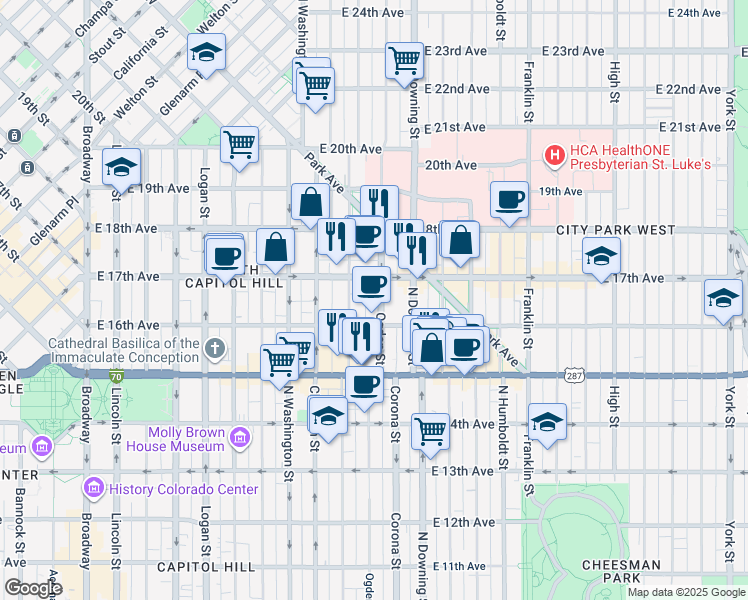 map of restaurants, bars, coffee shops, grocery stores, and more near 1642 North Ogden Street in Denver