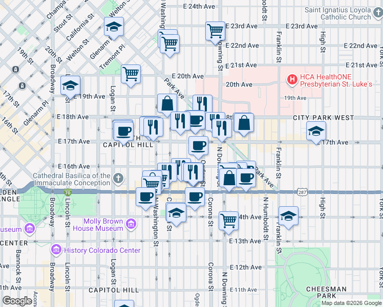 map of restaurants, bars, coffee shops, grocery stores, and more near 1644 Emerson Street in Denver
