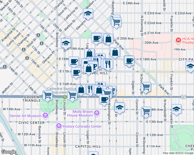 map of restaurants, bars, coffee shops, grocery stores, and more near 1644 Pennsylvania Street in Denver