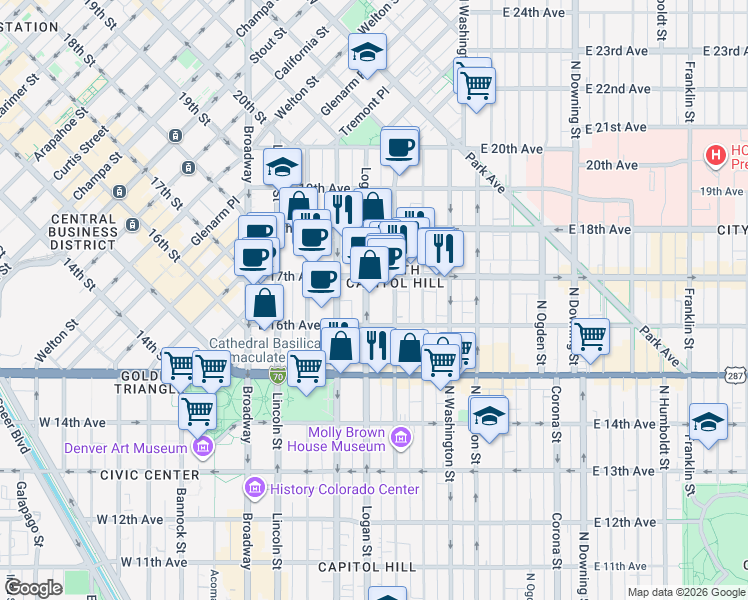 map of restaurants, bars, coffee shops, grocery stores, and more near 1640 Logan Street in Denver