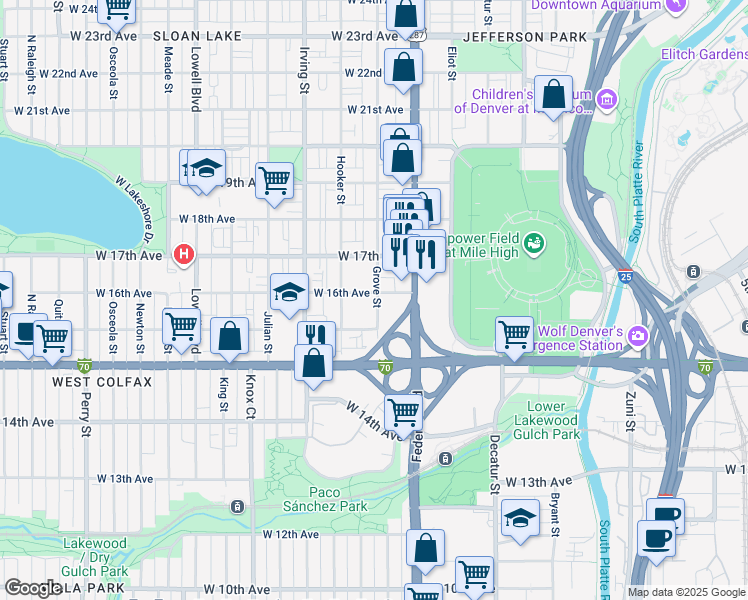 map of restaurants, bars, coffee shops, grocery stores, and more near 1593 Grove Street in Denver
